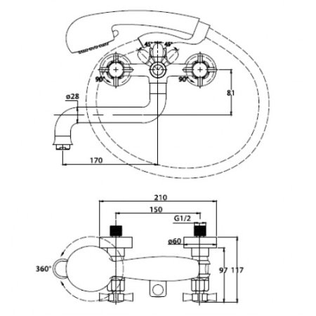 Смеситель для ванны Kaiser Cross 41022 Хром 
