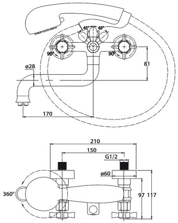 Смеситель для ванны Kaiser Cross 41022 Хром 