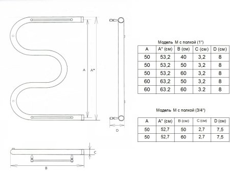 Полотенцесушитель водяной ДВИН M М-образный 60/50 c полкой, хром 