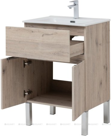 Тумба с раковиной Aquanet Алвита New 60 1 ящик, 2 дверцы, дуб веллингтон белый 