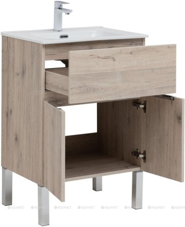 Тумба с раковиной Aquanet Алвита New 60 1 ящик, 2 дверцы, дуб веллингтон белый 