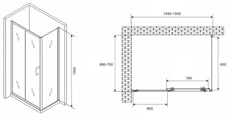 Душевой уголок Abber Schwarzer Diamant 150x70 AG301505-S705 профиль Хром стекло прозрачное 
