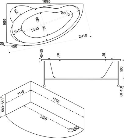 Акриловая ванна Bas Лагуна 170 см R с г/м + средство 