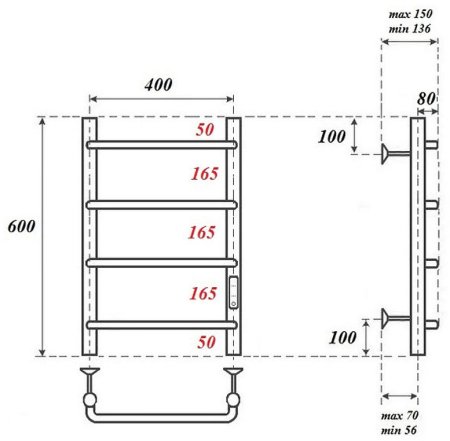 Электрический полотенцесушитель Point Ника PN08846B П4 400x600 диммер справа Черный 