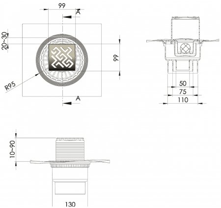 Душевой трап Berges Zentrum Antik 100x100 090464 с решеткой Хром матовый 