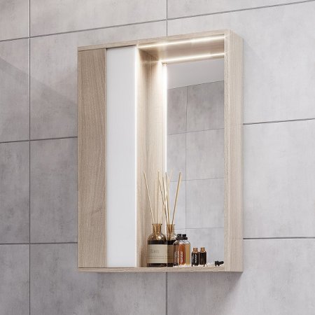 Зеркало со шкафом Aquaton Бостон 60 1A240202BN010 с подсветкой Дуб эврика Белый глянец 