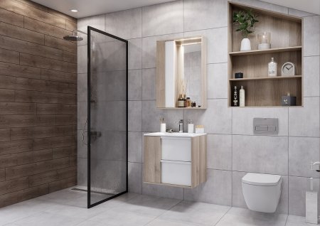 Зеркало со шкафом Aquaton Бостон 60 1A240202BN010 с подсветкой Дуб эврика Белый глянец 