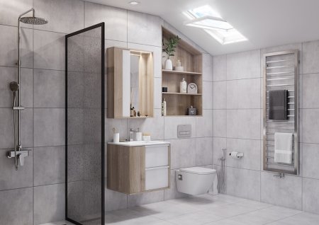 Зеркало со шкафом Aquaton Бостон 60 1A240202BN010 с подсветкой Дуб эврика Белый глянец 