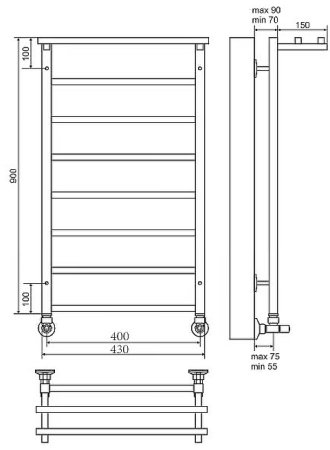 Водяной полотенцесушитель Terminus Контур П8 400х900 4660059582481 с полкой Хром 