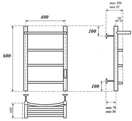 Электрический полотенцесушитель Point Афина PN04846PB П3 400x600 с полкой, диммер справа Черный 