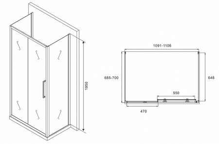 Душевой уголок Abber Schwarzer Diamant 110x70 AG30110MH-S70M-S70M профиль Хром стекло матовое 