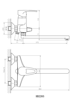 Смеситель однорычажный для ванны длинный излив HAIBA HB2265 хром 