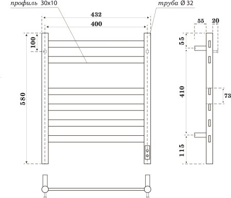 Полотенцесушитель электрический APEXTERMO Sfera SF10164BM 600x400 с крючками, черный матовый 