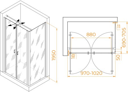 Душевой уголок RGW PA-144B (PA-104B+Z-050-2B+O-104B) 1000x700 