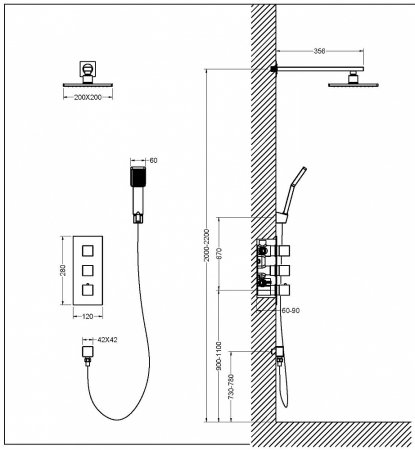 Душевой комплект Timo Tetra-thermo SX-0179/03SM с внутренней частью, черный 