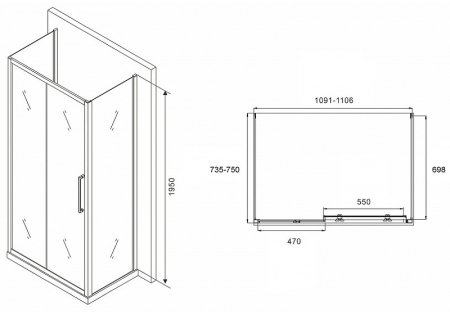 Душевой уголок Abber Schwarzer Diamant 110x75 AG30110MH-S75M-S75M профиль Хром стекло матовое 