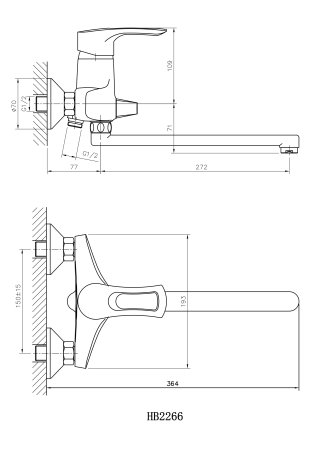 Смеситель однорычажный для ванны длинный излив HAIBA HB2266 хром 
