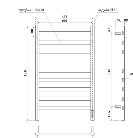 Полотенцесушитель электрический APEXTERMO Sfera SF10184BM 800x400 с крючками, черный матовый 