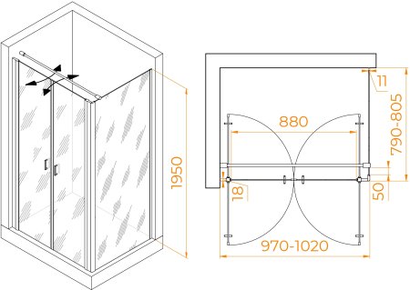 Душевой уголок RGW PA-144B (PA-104B+Z-050-2B+O-104B) 1000x800 