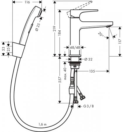 Смеситель для раковины Hansgrohe Metropol 32522000 с гигиеническим душем Хром 