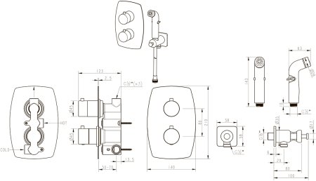 Смеситель Lemark Ursus термостатический с гигиеническим душем, встраиваемый (LM7240BL) 