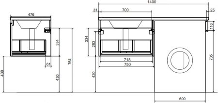 Тумба с раковиной Эстет Dallas Luxe 140 подвесная, 1 ящик, под стиральную машину, L 
