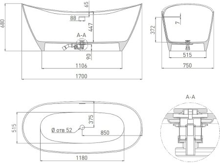 Ванна из искусственного камня Salini Noemi 170х75 101722MRF покраска по RAL полностью матовая 