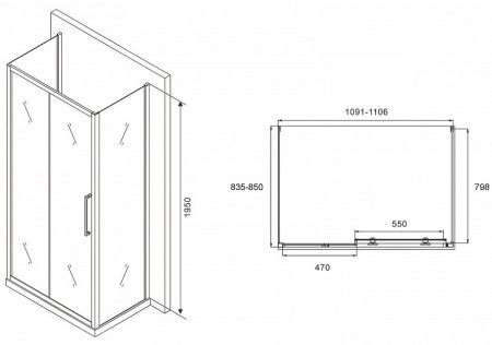 Душевой уголок Abber Schwarzer Diamant 110x85 AG30110MH-S85M-S85M профиль Хром стекло матовое 