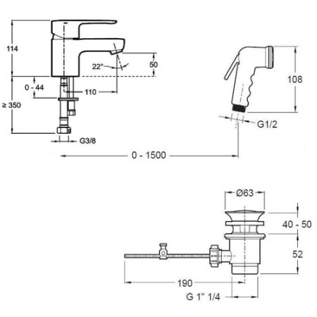 Смеситель для раковины Jacob Delafon July E16319-4-CP с гигиеническим душем 