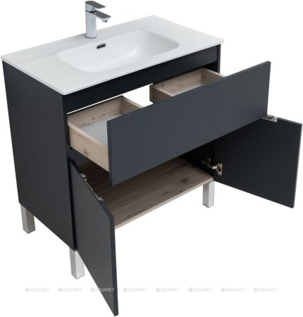 Тумба с раковиной Aquanet Алвита New 80 1 ящик, 2 дверцы, антрацит 