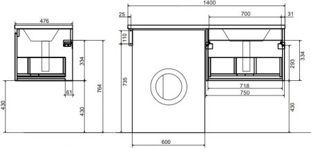 Тумба с раковиной Эстет Dallas Luxe 140 подвесная, 1 ящик, под стиральную машину, R 