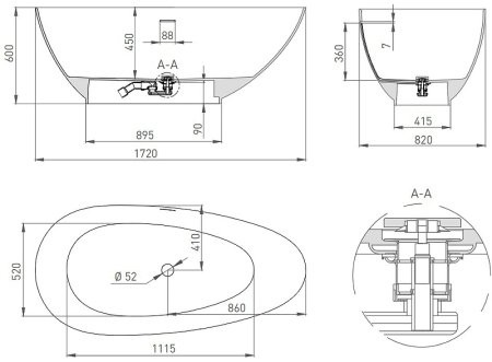 Ванна из искусственного камня Salini Paola 172х82 101512SMRH покраска по RAL снаружи матовая 