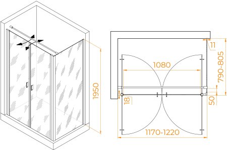 Душевой уголок RGW PA-144B (PA-104B+Z-050-2B+O-104B) 1200x800 