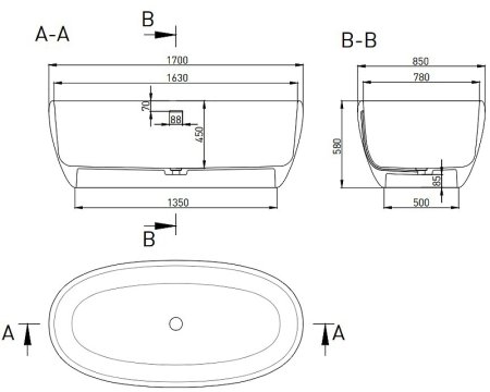 Ванна из искусственного камня Salini Luce 170х85 100121MRH покраска по RAL снаружи матовая 