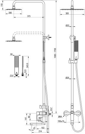 Душевая система Lemark Ursus с регулируемой высотой штанги и верхней душевой лейкой Тропический дождь" (LM7262BG)" 