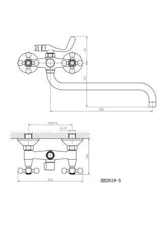 Смеситель двуручковый для ванны длинный излив HAIBA HB2619-5 сатин 