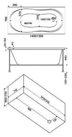 Акриловая ванна Bas Тесса 140x70 см 
