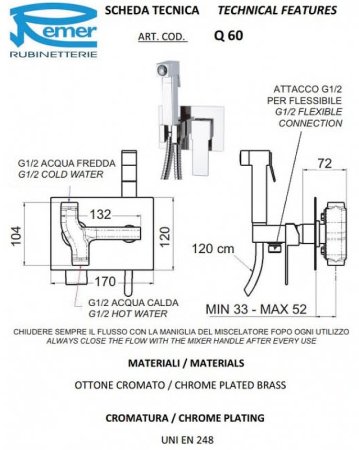 Гигиенический душ со смесителем Remer Qubica Q60 Хром 