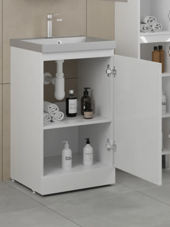 Тумба с раковиной Style Line Батлер Люкс Plus 50 напольная, белый глянец, раковина серый шелк 