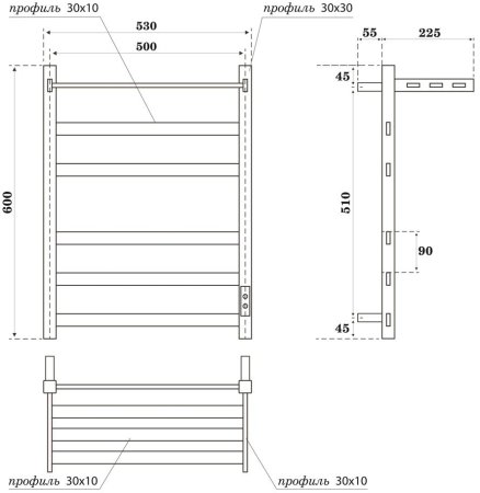 Полотенцесушитель электрический APEXTERMO Terra TR01165BM 600x500 с полкой, черный матовый 