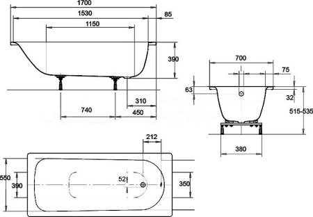 Стальная ванна Kaldewei Eurowa 312 170x70 119812030001 без отверстий под ручки 
