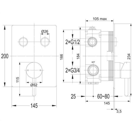 Смеситель Omnires Y Y1235GCCR для ванны с душем, скрытого монтажа 