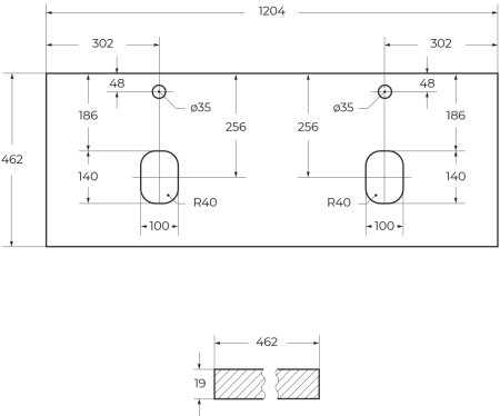 Столешница из МДФ с двумя отверстиями под раковину и с двумя отверстиями под смеситель BelBagno EK-120-2-BO Bianco Opaco 