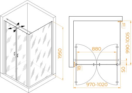 Душевой уголок RGW PA-134B (PA-104B+Z-050-2B+O-104B) 1000x1000 