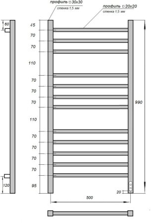 Полотенцесушитель электрический Point Вега PN71850B П12 500x1000, диммер справа, черный 