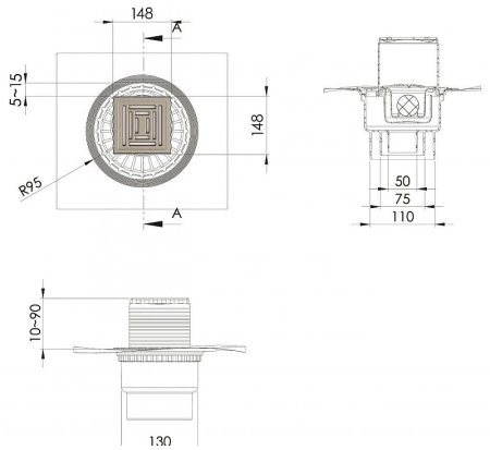 Душевой трап Berges Zentrum Uno 150x150 090472 с решеткой Хром матовый 