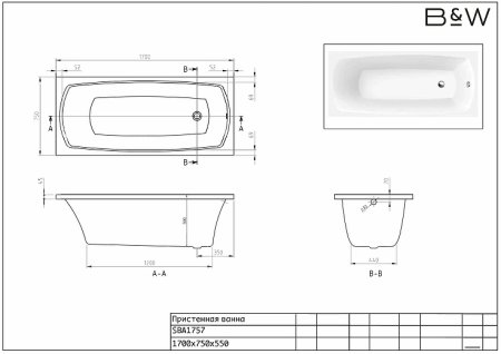 Акриловая ванна Black&White Swan SBA 1757 170x75 1757SBA0 без гидромассажа 