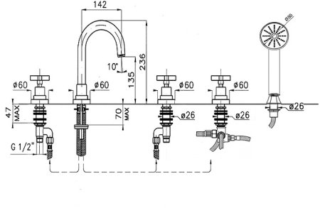 Смеситель на борт ванны Paini Tubos 79CR109 Хром 