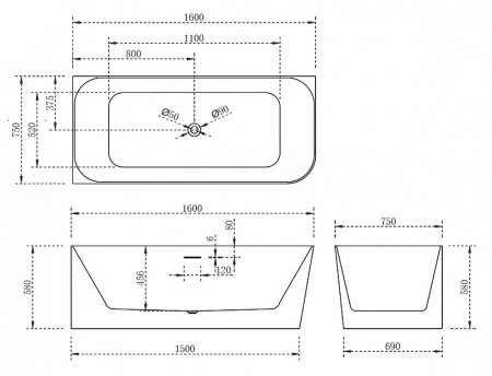 Акриловая ванна Abber 160х75 AB9331-1.6L без гидромассажа 