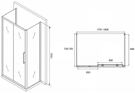 Душевой уголок Abber Schwarzer Diamant 180x75 AG30180BH-S75B-S75B профиль Черный стекло прозрачное 